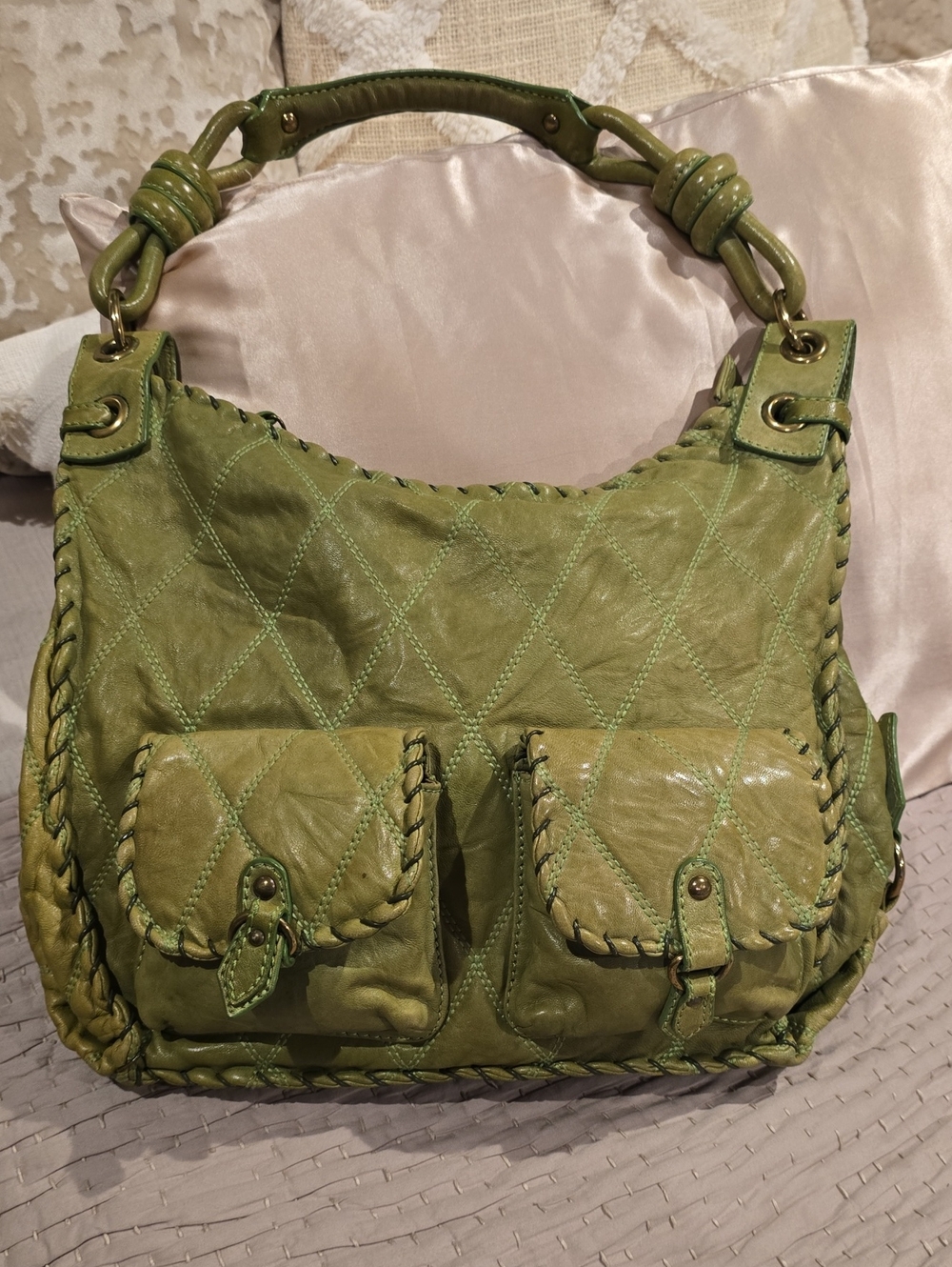 VINTAGE FIORE, Green Quilted Leather Hobo Bag with Front Pockets